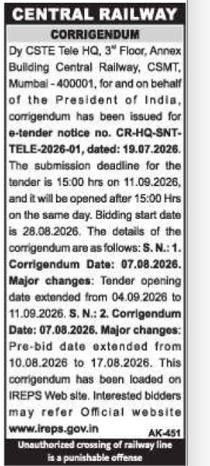 Central Railway Corrigendum Notice for E-Tender CR-HQ-SNT-TELE-2026-01