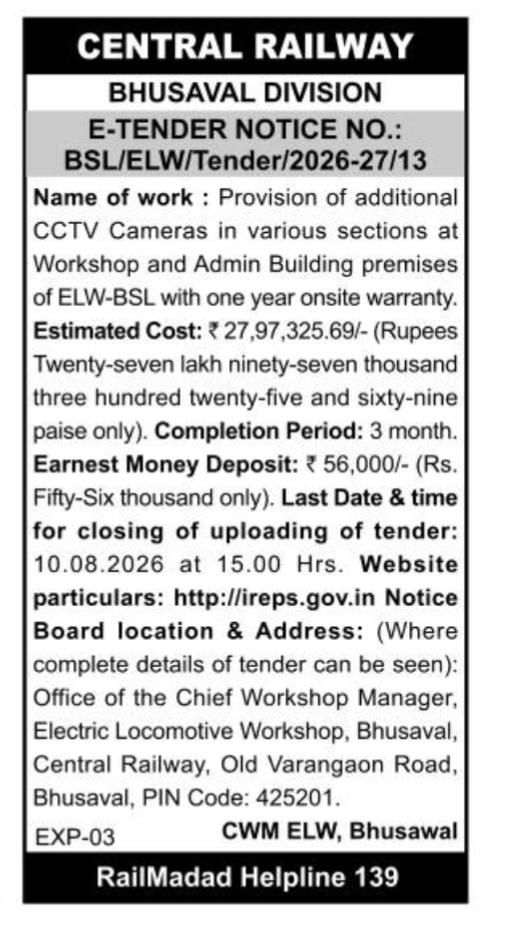 Central Railway E-Tender Notice: CCTV Camera Installation at ELW Bhusaval (2026)