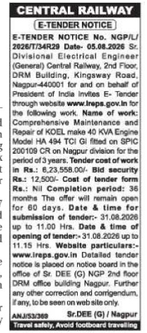 Central Railway E-Tender Notice for Maintenance & Repair of 40 KVA Engine (Nagpur Division