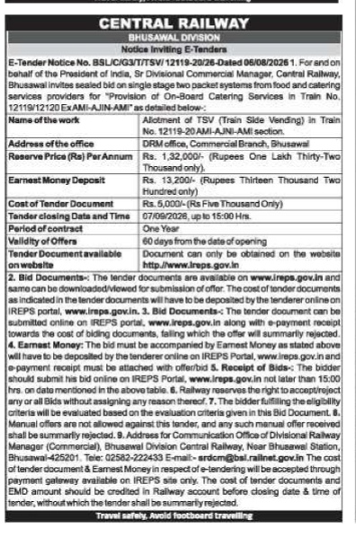 Central Railway E-Tender Notice for On-Board Catering Services