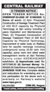 Central Railway E-Tender Notice for Sewage Treatment Plants at Ajni Colony