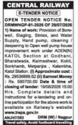 Central Railway E-Tender Notice for Water Supply Works (Katol Section)