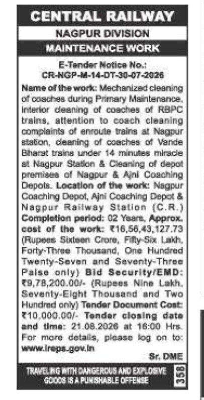 Central Railway Nagpur Division E-Tender Notice 2026