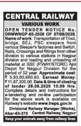 Central Railway Nagpur Division Open Tender Notice (No. DRMWNGP-85-2026)