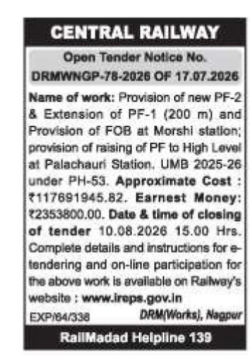 Central Railway Open Tender Notice (DRMWNGP-78-2026)