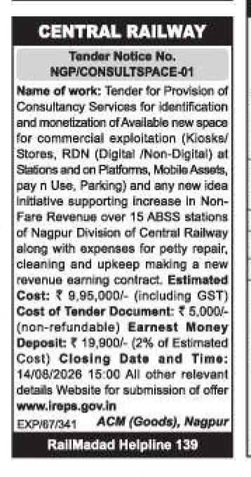 Central Railway Tender Notice for Consultancy Services (Nagpur Division)