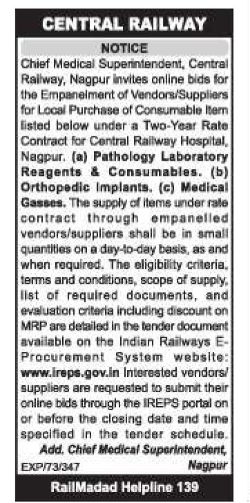 Central Railway Tender Notice for Vendor Empanelment