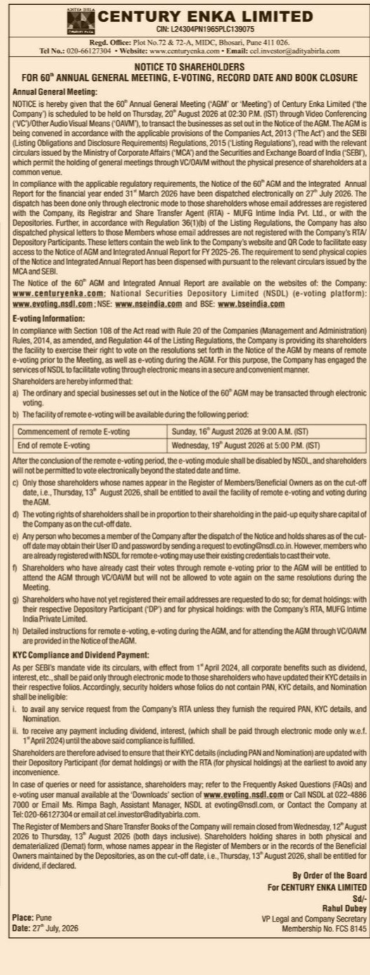 Century Enka Limited 60th Annual General Meeting (AGM) Notice
