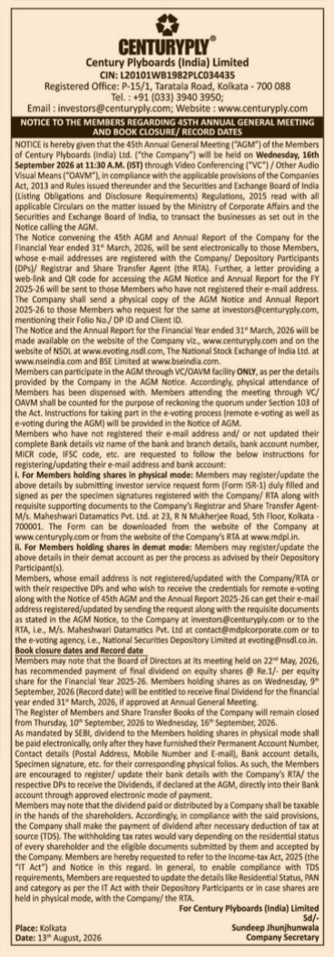 Century Plyboards (India) Limited 45th AGM and Book Closure Notice