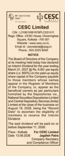 CESC Limited Interim Dividend Notice 2026