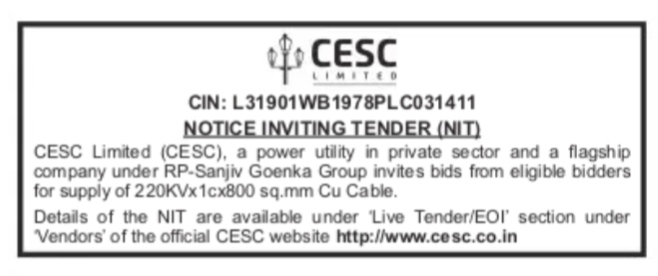 CESC Limited Notice Inviting Tender for 220KV Copper Cable