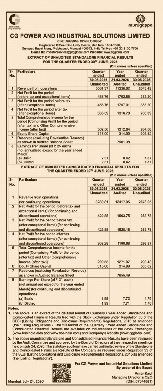 CG Power and Industrial Solutions Limited - Unaudited Financial Results (Q1 ended June 30, 2026)