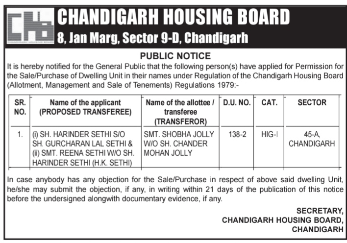 Chandigarh Housing Board Property Sale/Purchase Notice (D.U. No. 138-2)