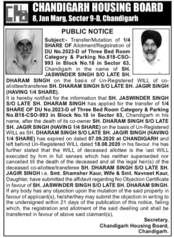 Chandigarh Housing Board Public Notice for Property Transfer