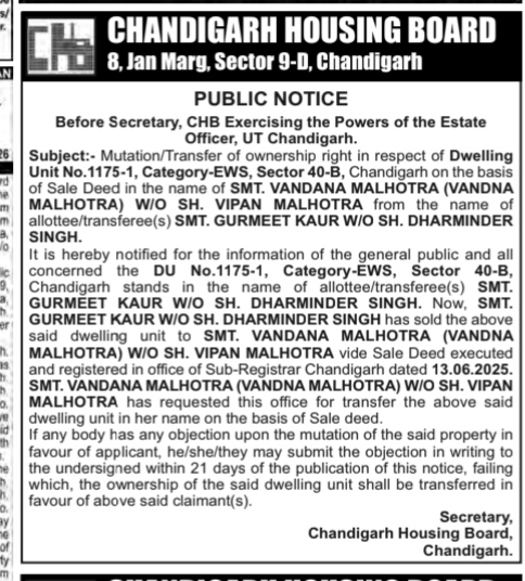 Chandigarh Housing Board Public Notice: Property Mutation Request for Dwelling Unit No. 1175-1, Sector 40-B