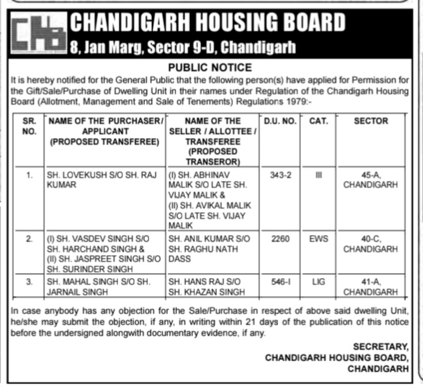 Chandigarh Housing Board Public Notice