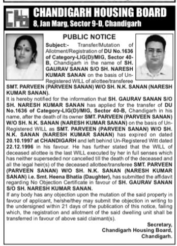 Chandigarh Housing Board Public Notice