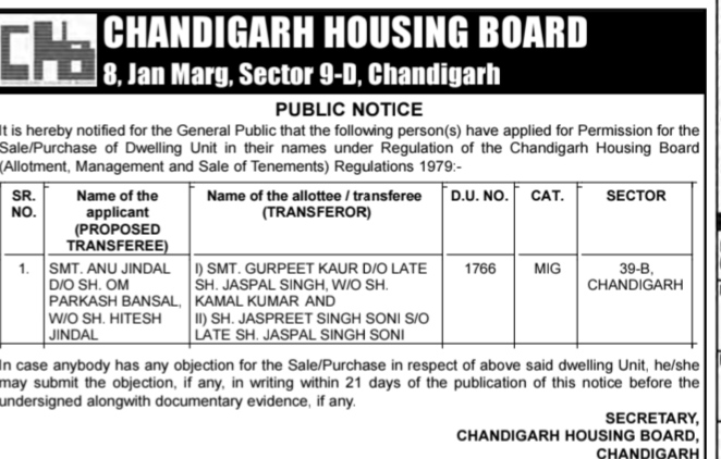 Chandigarh Housing Board Public Notice