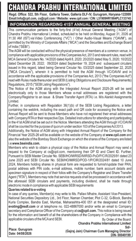 Chandra Prabhu International Limited: Notice of 41st Annual General Meeting (AGM)