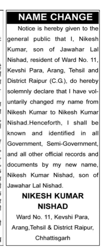 CHANE OF NAME NOTICE - NIKESH KUMAR NISHAD