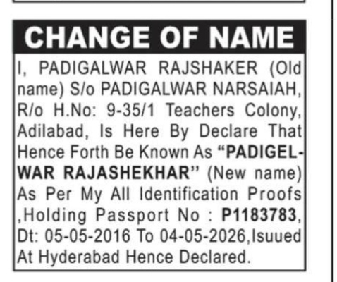 CHANE OF NAME NOTICE - PADIGELWAR RAJASHEKHAR