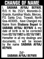 Change of Name and Date of Birth- shabana afraj bepari