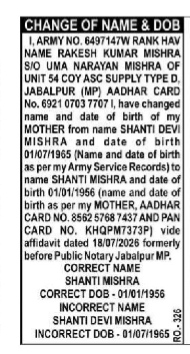 CHANGE OF NAME AND DOB-Jabalpur