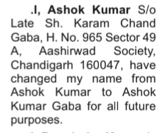 CHANGE OF NAME- ASHOK KUMAR GABA