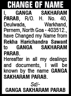 CHANGE OF NAME - GANGA SAKHARAM PARAB
