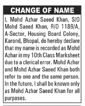 CHANGE OF NAME- MOHD AZHAR SAEED KHAN