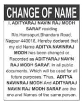 CHANGE OF NAME NOTICE - ADITYARAJ NAVIN RAJ MODH SARAF