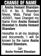 CHANGE OF NAME NOTICE - ANSHU HEMANT BHANDARE