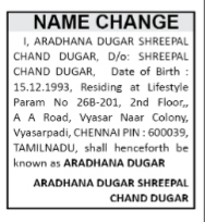 CHANGE OF NAME NOTICE - ARADHANA DUGAR