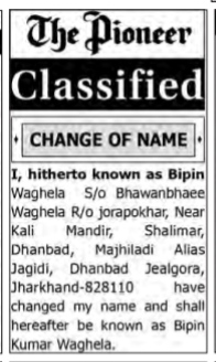 CHANGE OF NAME NOTICE -BIPIN WAGHELA