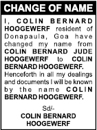 CHANGE OF NAME NOTICE- - CLIN BERNARD JUDE HOOGEWERF