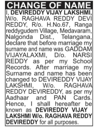 CHANGE OF NAME NOTICE - DEVI REDDY VIJAY LAKSHMI