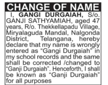 CHANGE OF NAME NOTICE -GANGI DURGAIAH