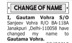 CHANGE OF NAME NOTICE - GAUTAM VOHRA