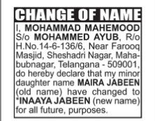 CHANGE OF NAME NOTICE - INAAYA JABEEN