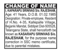 CHANGE OF NAME NOTICE- KAPARAPU SRINIVAS