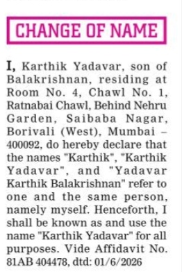 CHANGE OF NAME NOTICE - KARTHIK YADAVAR