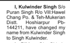change of name notice - kulwinder singh