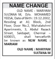 CHANGE OF NAME NOTICE - MARIAM