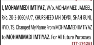 CHANGE OF NAME NOTICE - MOHAMMADI IMTIYAZ