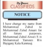 CHANGE OF NAME NOTICE- MOHAMMED ZAHID