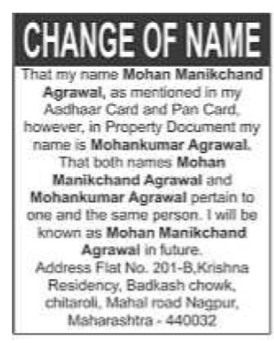 CHANGE OF NAME NOTICE -MOHAN MANIKCHAND AGRAWAL