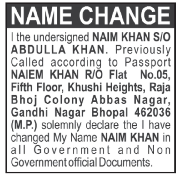 CHANGE of name notice - NAIN KHAN