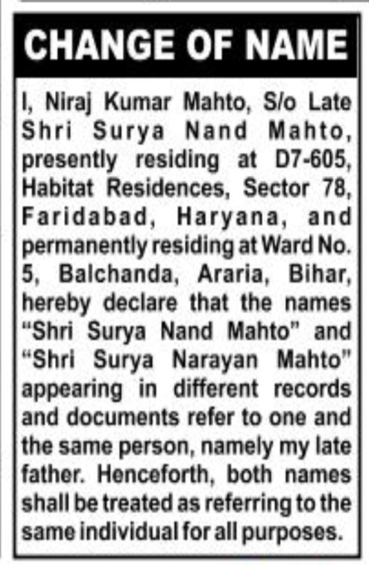 CHANGE OF NAME NOTICE - NIRAJ KUMAR