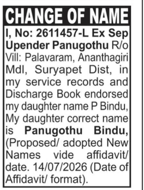 CHANGE OF NAME NOTICE -PANUGOTHU BINDU