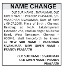 CHANGE OF NAME NOTICE - PRANOV PRASAATH SIVAKUMAR